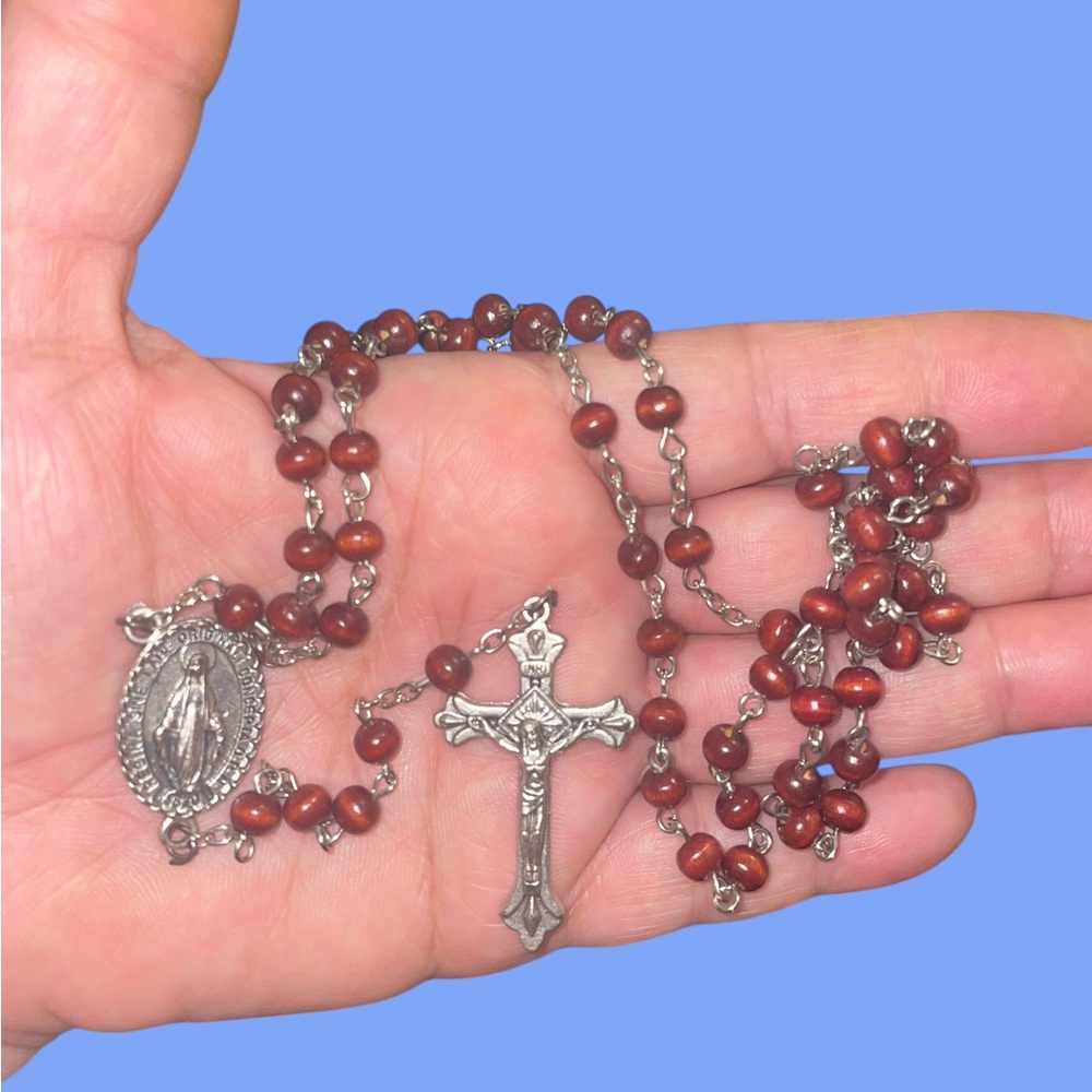 Vintage Rosary Wood Brown Beads Miraculous Medal and Crucifix  18" Italy